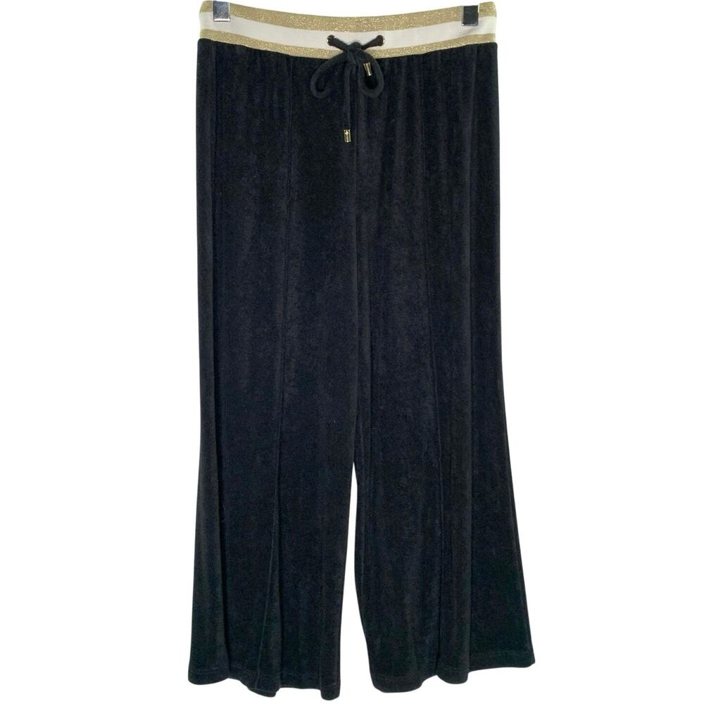 Emily McCarthy Teddy Cropped Velour Trouser S Black Gold Metallic Waistband